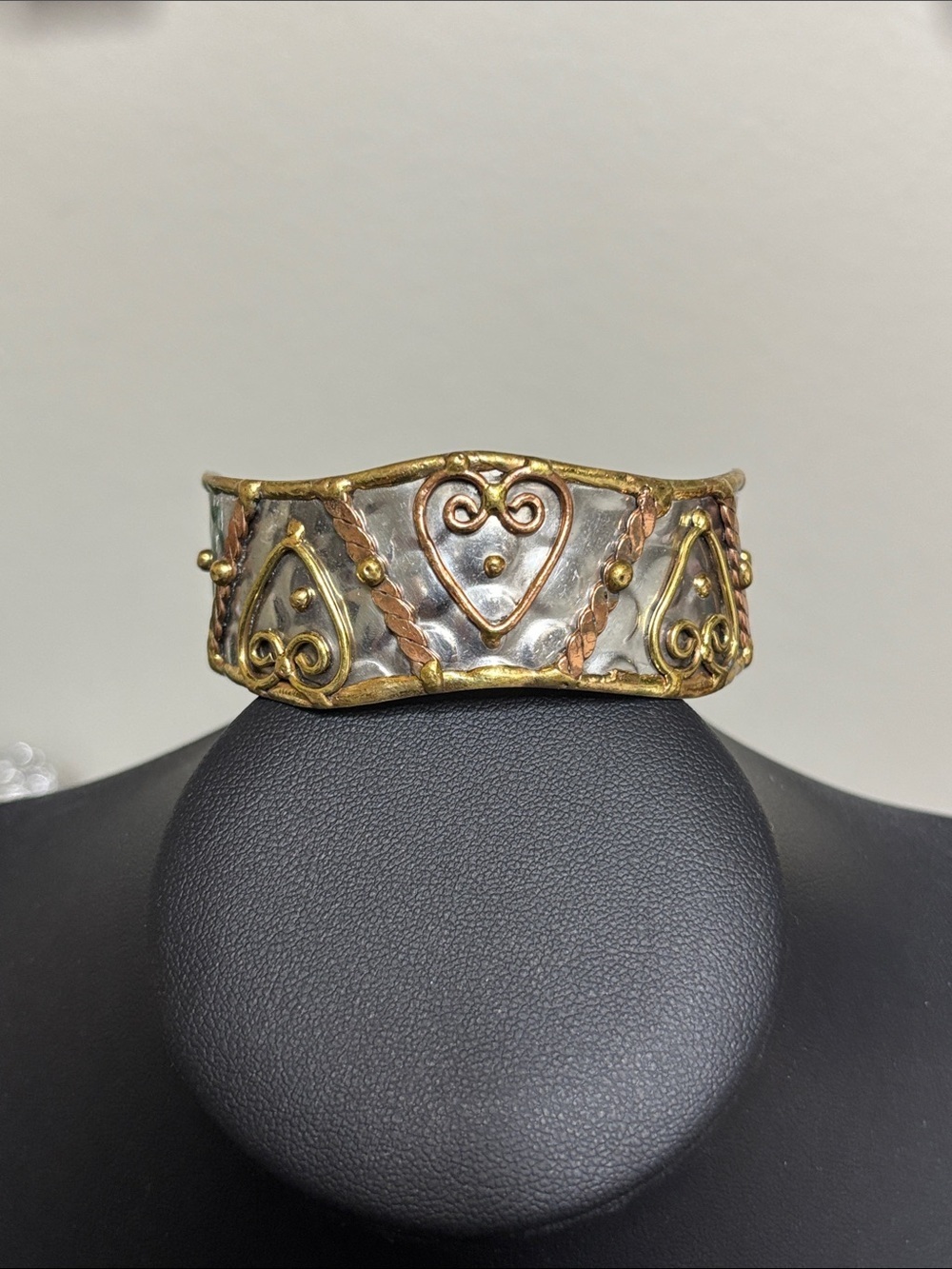 Two-Tone Heart Motif Cuff Bracelet - Gold Copper Silver Accent Brutalist